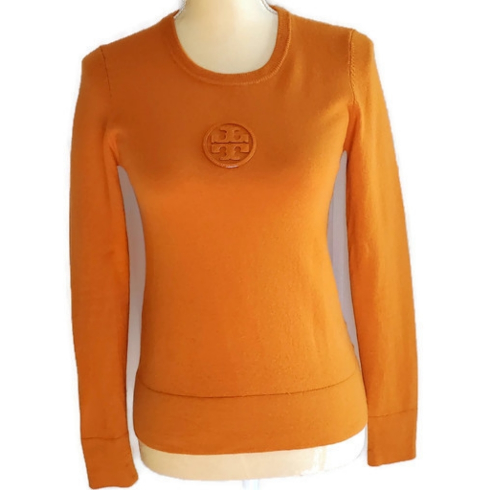 Tory Burch 100% Wool Orange Logo Crew Neck Sweater